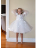 Bell Sleeve Ivory Lace Tulle Pearls Flower Girl Dress